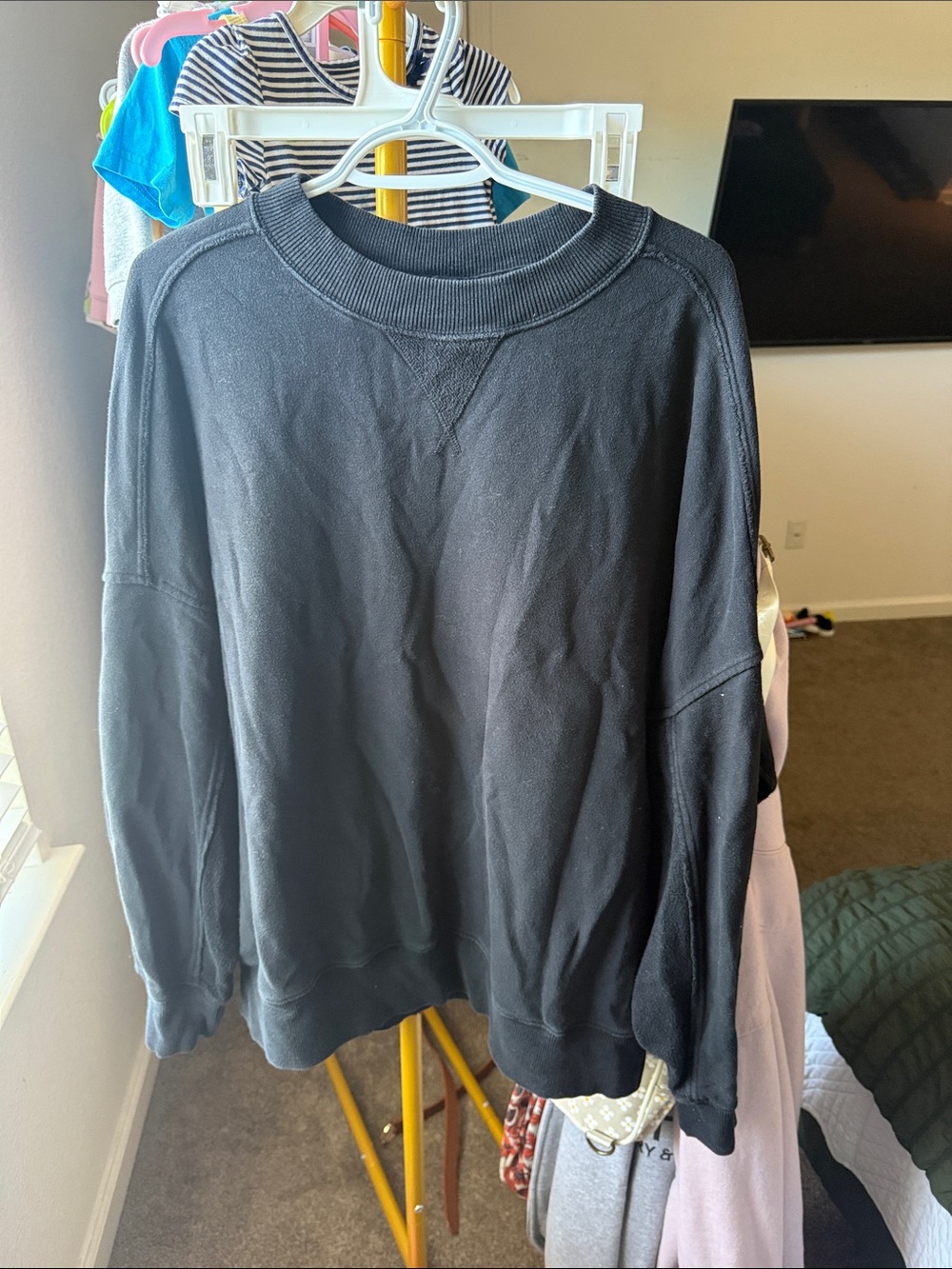 aerie Black Crew Sweatshirt with Ribbed Trim
